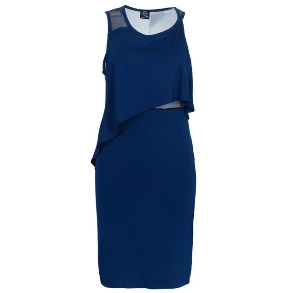 McQ By Alexander McQueen Mesh Inset Asymmetrical Dress in Navy Blue and Black